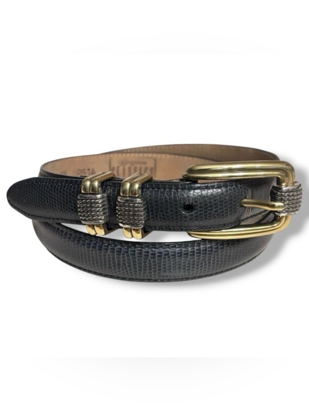 BRIGHTON Black Reptile Embossed Leather Belt Silver & Gold Twisted Buckle XL/36”